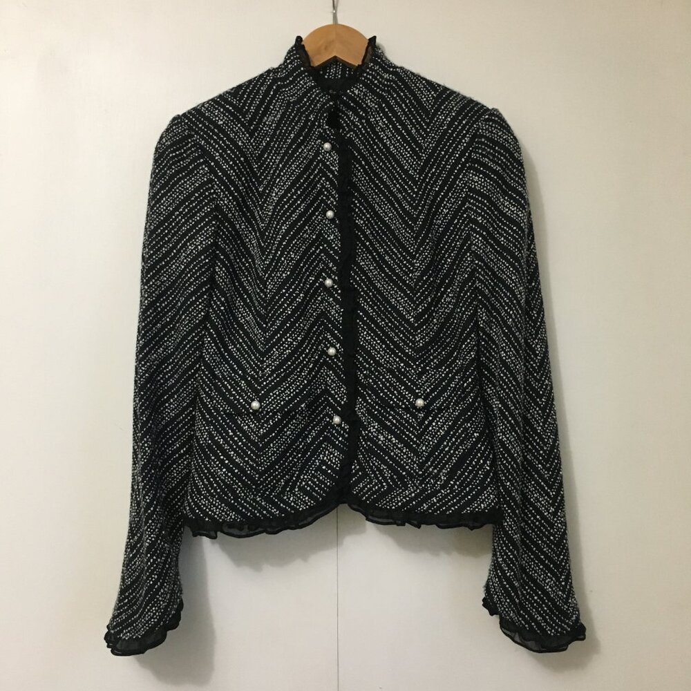 VTG 80s ECI Wool Blend Blazer Zig Zag Pearl Button Cropped Structured Jacket 🎰